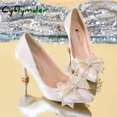 Cyflymder Rhinestone Bowtie Pointed Toe Women’s Pumps New Spring Satin Bridal Wedding Shoes Shallow Woman Pumps