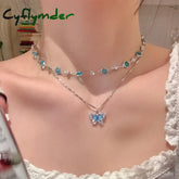 Cyflymder Romantic Blue Crystal Butterfly Necklace for Women Girls Simple Shiny Zircon Bilayer Choker Clavicle Chain