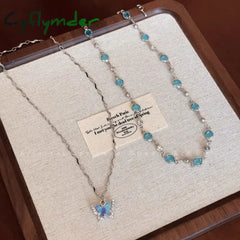 Cyflymder Romantic Blue Crystal Butterfly Necklace for Women Girls Simple Shiny Zircon Bilayer Choker Clavicle Chain