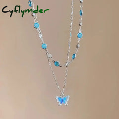 Cyflymder Romantic Blue Crystal Butterfly Necklace for Women Girls Simple Shiny Zircon Bilayer Choker Clavicle Chain
