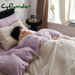 room inspo Cotton Washed Cotton 4-Piece Cotton Yarn-Dyed Washed Cotton Striped Light Simple Elegant Glutinous Soft Nude Sleeping Product