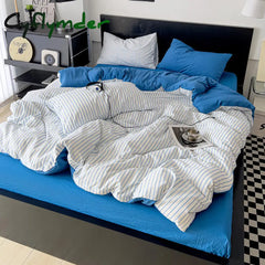 room inspo Four Seasons Ins Style Four-Piece Striped Washed Cotton Quilt Cover Double Quilt Cover Dormitory Single Bed Three-Piece Bed Sheet