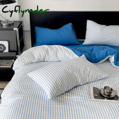 room inspo Four Seasons Ins Style Four-Piece Striped Washed Cotton Quilt Cover Double Quilt Cover Dormitory Single Bed Three-Piece Bed Sheet