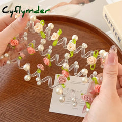 Cyflymder Rose Bead Telephone Line Headband Charming Tied Ponytail Braid Hair Rope Headband High Elasticity Rubber Band