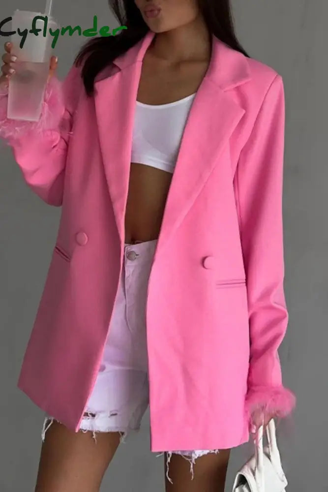 Cyflymder - Rose Red Casual Solid Patchwork Buttons Turn-Back Collar Outerwear Blazers