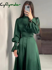 Cyflymder Ruffled Bandage Elegant Maxi Dress For Women Patchwork Slim Lace-Up Solid Vintage Evening