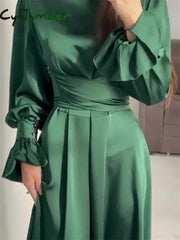 Cyflymder Ruffled Bandage Elegant Maxi Dress For Women Patchwork Slim Lace-Up Solid Vintage Evening