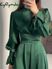 Cyflymder Ruffled Bandage Elegant Maxi Dress For Women Patchwork Slim Lace-Up Solid Vintage Evening