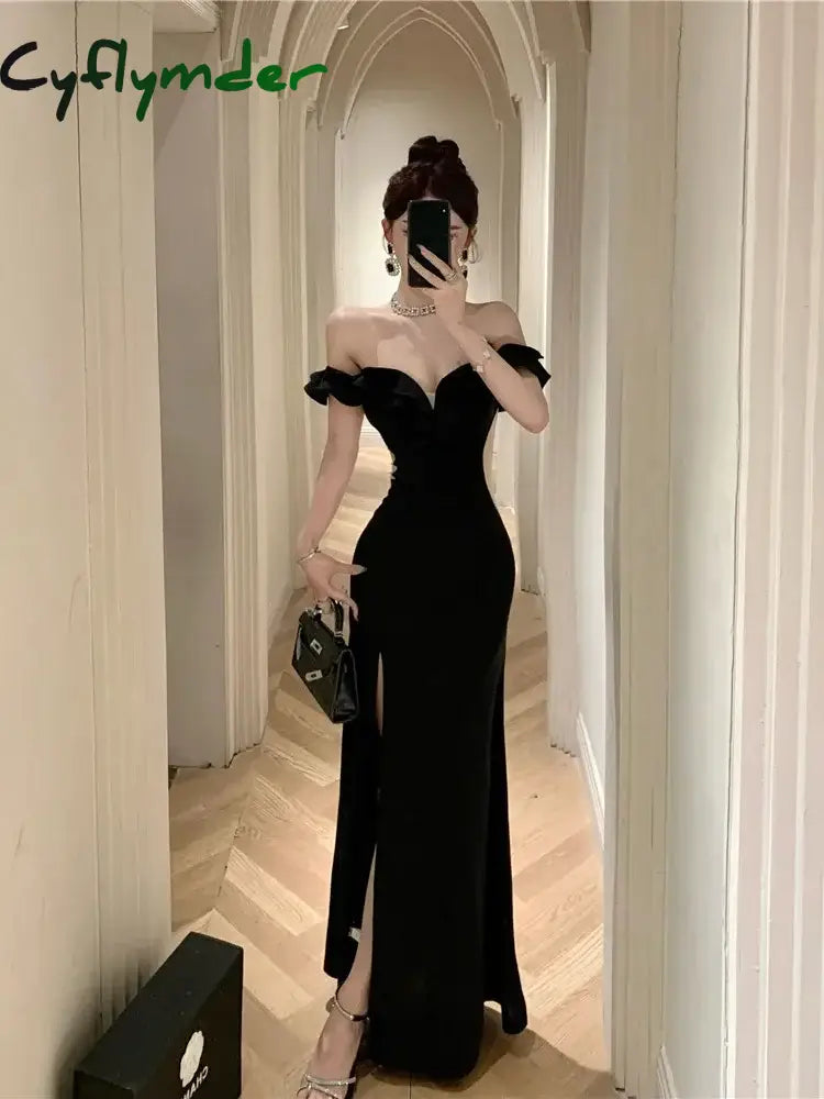 Cyflymder Ruffled One Shoulder Strapless Evening Dress Women Spring Summer Elegant High Waist Slim Wrapped Slit Long