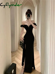 Cyflymder Ruffled One Shoulder Strapless Evening Dress Women Spring Summer Elegant High Waist Slim Wrapped Slit Long