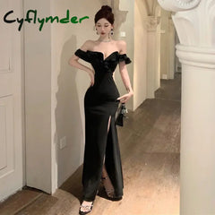 Cyflymder Ruffled One Shoulder Strapless Evening Dress Women Spring Summer Elegant High Waist Slim Wrapped Slit Long