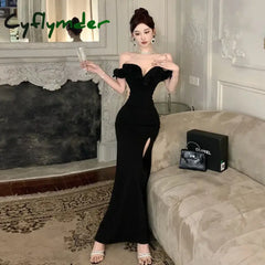 Cyflymder Ruffled One Shoulder Strapless Evening Dress Women Spring Summer Elegant High Waist Slim Wrapped Slit Long