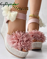 Cyflymder Sandals Women’s Floral Pattern Bowknot Decor Platform Wedge Espadrilles Platform Bow High Heels Women’s