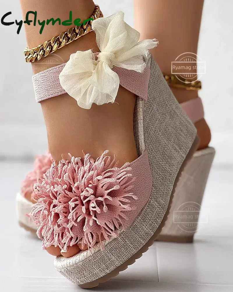 Cyflymder Sandals Women’s Floral Pattern Bowknot Decor Platform Wedge Espadrilles Platform Bow High Heels Women’s