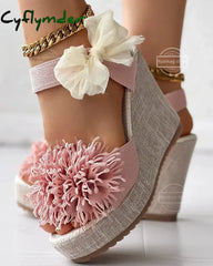 Cyflymder Sandals Women’s Floral Pattern Bowknot Decor Platform Wedge Espadrilles Platform Bow High Heels Women’s
