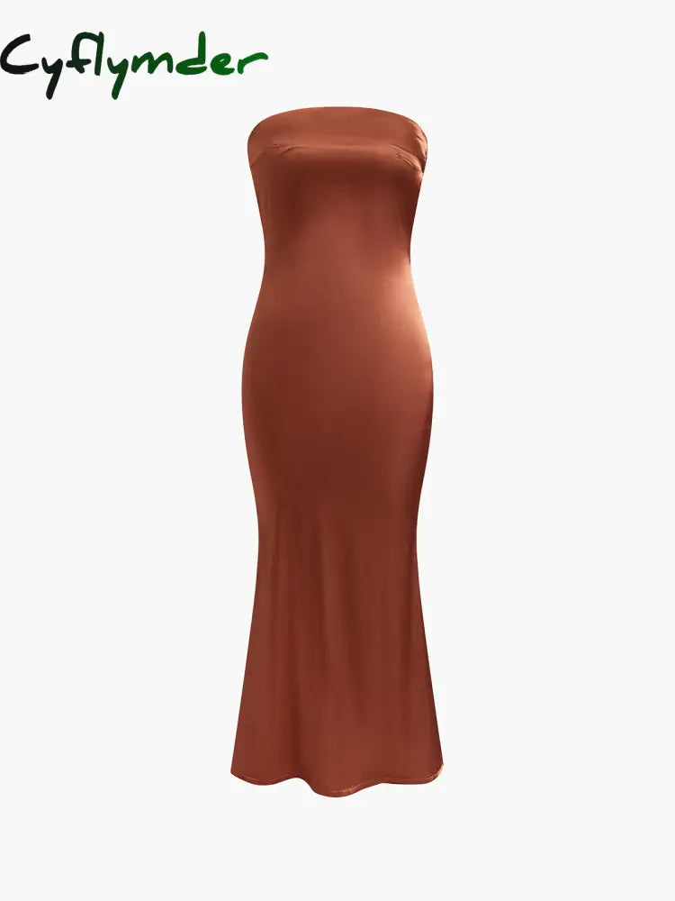 Cyflymder - Satin Bodycon Tube Long Dress Brown / S Dresses