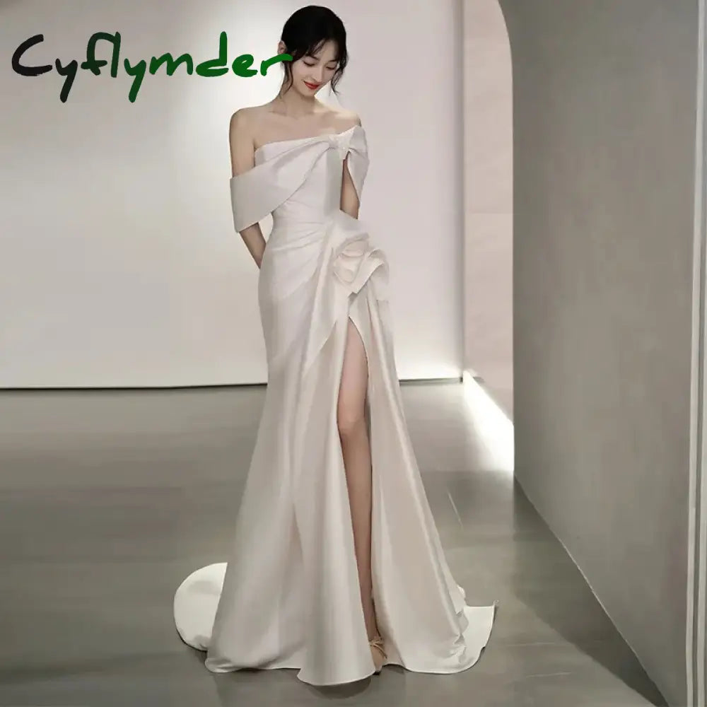 Cyflymder Satin Mermaid Wedding Dresses Classic Off The Shoulder Bridal Dress With Small Train Sexy Backless Split