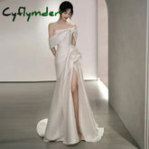 Cyflymder Satin Mermaid Wedding Dresses Classic Off The Shoulder Bridal Dress With Small Train Sexy Backless Split