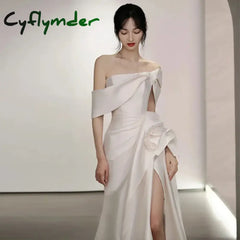 Cyflymder Satin Mermaid Wedding Dresses Classic Off The Shoulder Bridal Dress With Small Train Sexy Backless Split