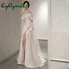 Cyflymder Satin Mermaid Wedding Dresses Classic Off The Shoulder Bridal Dress With Small Train Sexy Backless Split