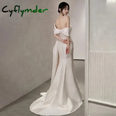 Cyflymder Satin Mermaid Wedding Dresses Classic Off The Shoulder Bridal Dress With Small Train Sexy Backless Split