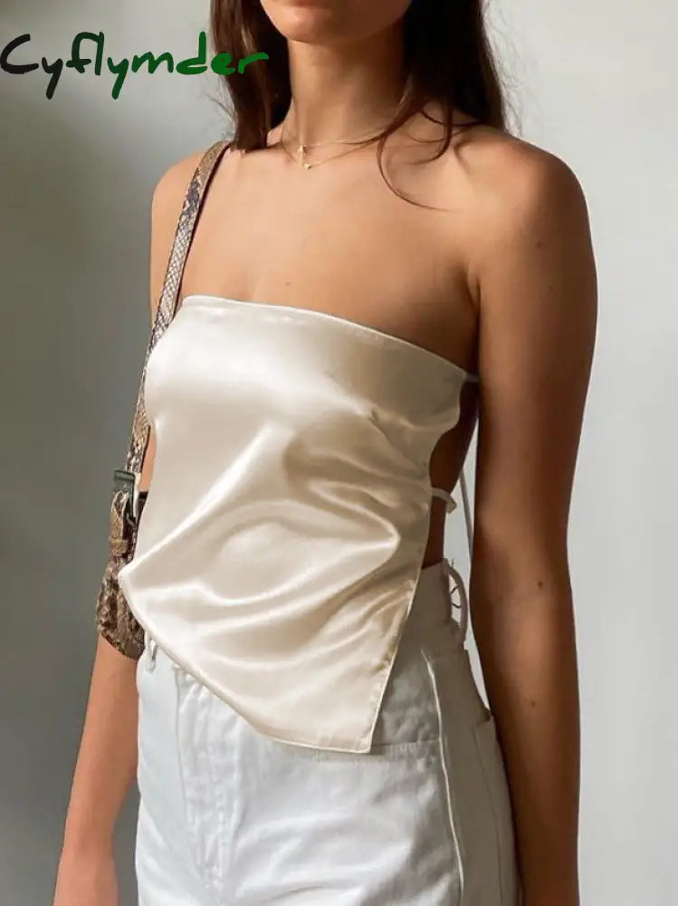 Cyflymder - Satin Tied Open Back Tube Scarf Top White / S Tank Tops & Camis