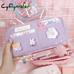 Cyflymder School Pencil Bags For Maiden Girl Stationery Supplies Kawaii Purple Canvas Case Cute