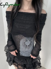 Cyflymder See Through Dark Printed T Shirt Casual Slash Neck Long Sleeve Tees Women Autumn Spring Fashion Streetwear
