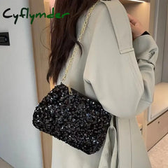 Cyflymder Sequins Crossbody Chain Bag Simple INS Solid Color Sequins Shoulder Bag Underarm Bag Phone Purse Evening