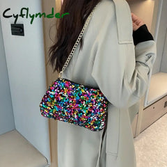 Cyflymder Sequins Crossbody Chain Bag Simple INS Solid Color Sequins Shoulder Bag Underarm Bag Phone Purse Evening