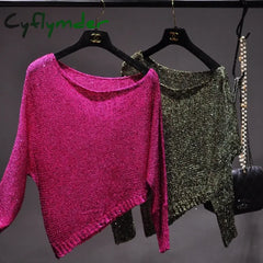 Cyflymder Sequins Inclined Shoulder Off-The-Shoulder Sexy Long-Sleeved Knitted T-Shirt Short