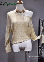Cyflymder Sequins Inclined Shoulder Off-The-Shoulder Sexy Long-Sleeved Knitted T-Shirt Short