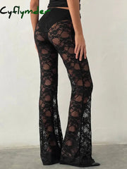 Cyflymder Sexy All-match Lace See-through High Waist Pant Women Long Casual Y2K Straight Trouser Female See Through