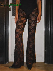 Cyflymder Sexy All-match Lace See-through High Waist Pant Women Long Casual Y2K Straight Trouser Female See Through