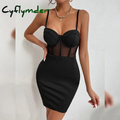 Cyflymder Sexy Club Party Hollowing Mesh See Through Slim Dress Women Nightclub Wear Fishbone
