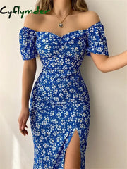 Cyflymder Sexy Floral Print Short Sleeve Hip Wrap Party Dress Elegant Off Shoulder Backless New