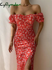 Cyflymder Sexy Floral Print Short Sleeve Hip Wrap Party Dress Elegant Off Shoulder Backless New