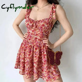 Sexy Flower Print Ruched Bra Corset style Spaghetti Strap Mini Dress Women Lacing up Party Skater Short Sling Robe