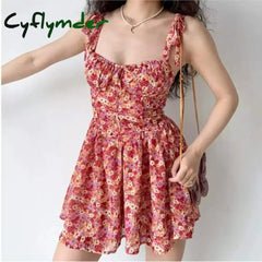 Cyflymder Sexy Flower Print Ruched Bra Corset Style Spaghetti Strap Mini Dress Women Lacing Up