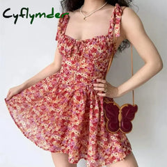 Cyflymder Sexy Flower Print Ruched Bra Corset Style Spaghetti Strap Mini Dress Women Lacing Up