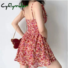 Cyflymder Sexy Flower Print Ruched Bra Corset Style Spaghetti Strap Mini Dress Women Lacing Up