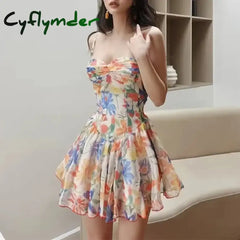 Cyflymder Sexy Flower Print Ruched Bra Corset Style Spaghetti Strap Mini Dress Women Party Skater