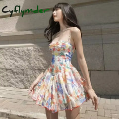 Cyflymder Sexy Flower Print Ruched Bra Corset Style Spaghetti Strap Mini Dress Women Party Skater