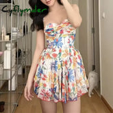 Cyflymder Sexy Flower Print Ruched Bra Corset Style Spaghetti Strap Mini Dress Women Party Skater