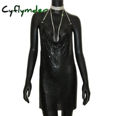 Cyflymder Sexy Gold Sequined Patchwork Mini Dress Women Sleeveless Low Cut Metal Chains Halter Slim Charming Nightclub