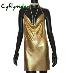 Cyflymder Sexy Gold Sequined Patchwork Mini Dress Women Sleeveless Low Cut Metal Chains Halter Slim Charming Nightclub