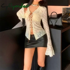 Cyflymder Sexy Lace Shirt Fairy Grunge Clothes y2k Aesthetic Lace-up Long Sleeve Top Women V Neck See Through Cardigan