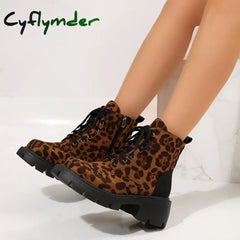 Cyflymder Sexy Leopard Ankle Boots for Women Autumn Winter Low Square Heels Plus Size 43 Short Booties Shoes Woman