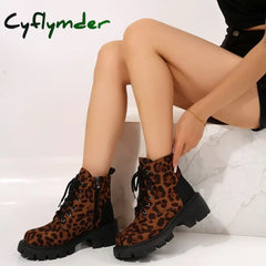 Cyflymder Sexy Leopard Ankle Boots for Women Autumn Winter Low Square Heels Plus Size 43 Short Booties Shoes Woman