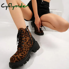 Cyflymder Sexy Leopard Ankle Boots for Women Autumn Winter Low Square Heels Plus Size 43 Short Booties Shoes Woman